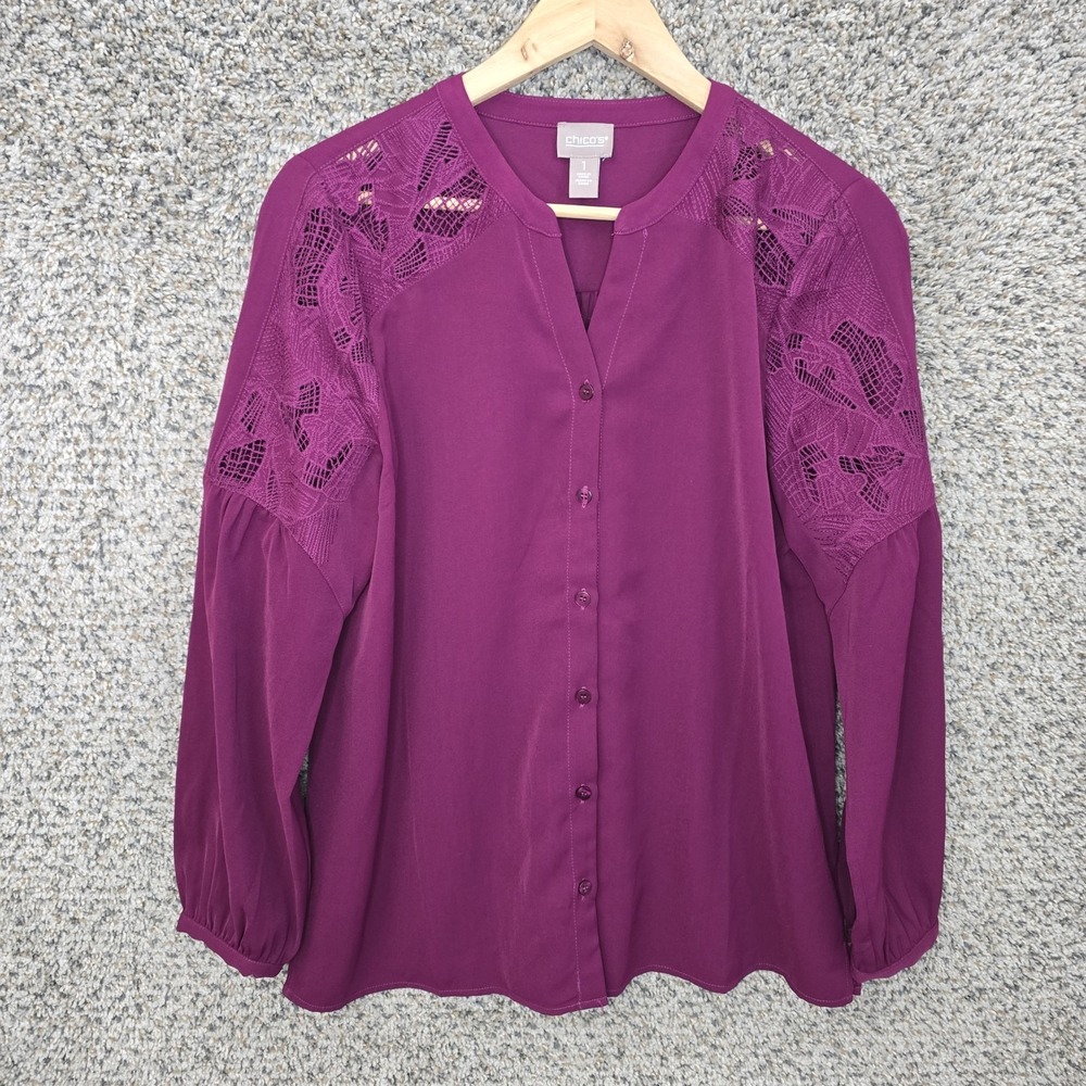 Chicos Top Womens 1 US Medium Purple V Neck Long Sleeve Blouse‎ Button Up Ladies